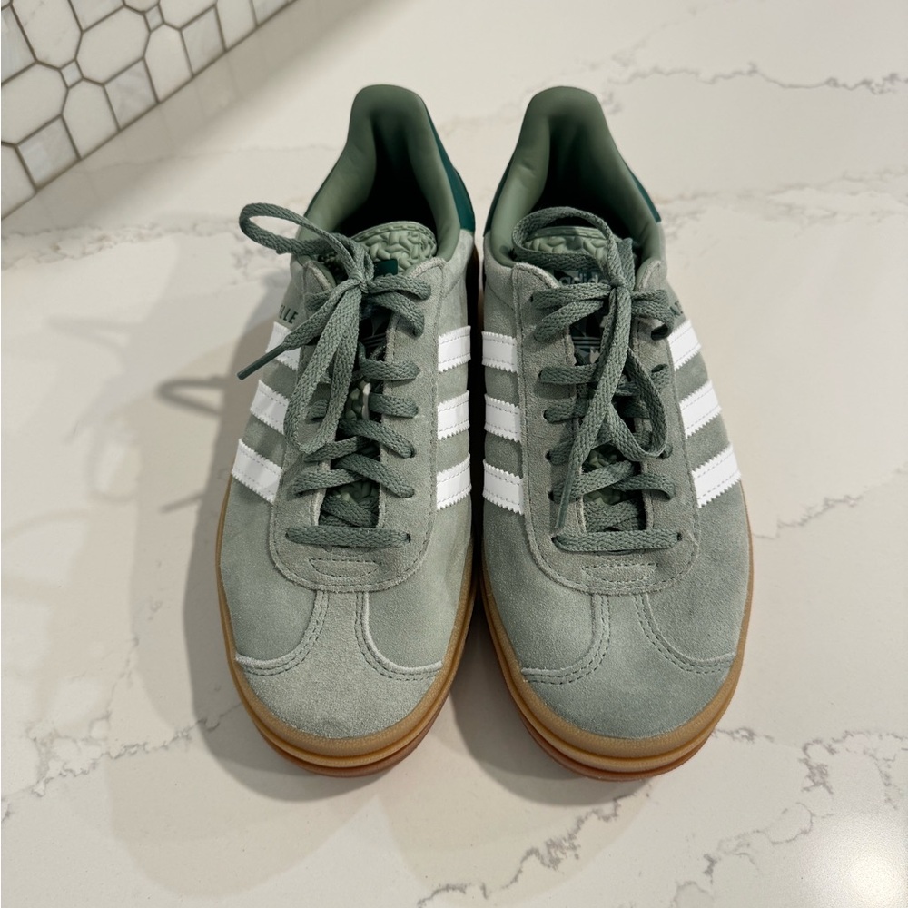 adidas Gazelle Sage Green with White Stripes and Gum Sole - Picture 4 of 6
